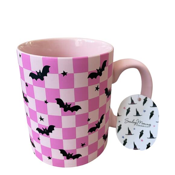 HALLOWEEN SOFT TOUCH COFFEE MUG HOT PINK CHECKERED BATS - BATTY & BEWITCHING NEW - Picture 2 of 12